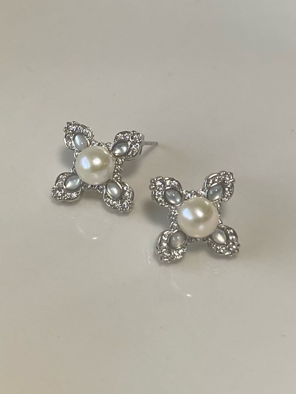 Pearl & Crystal Flower Stud Earrings - Silver Tone with 925 silver posts 36